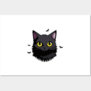 Black Cat with Bats Flying Posters and Art